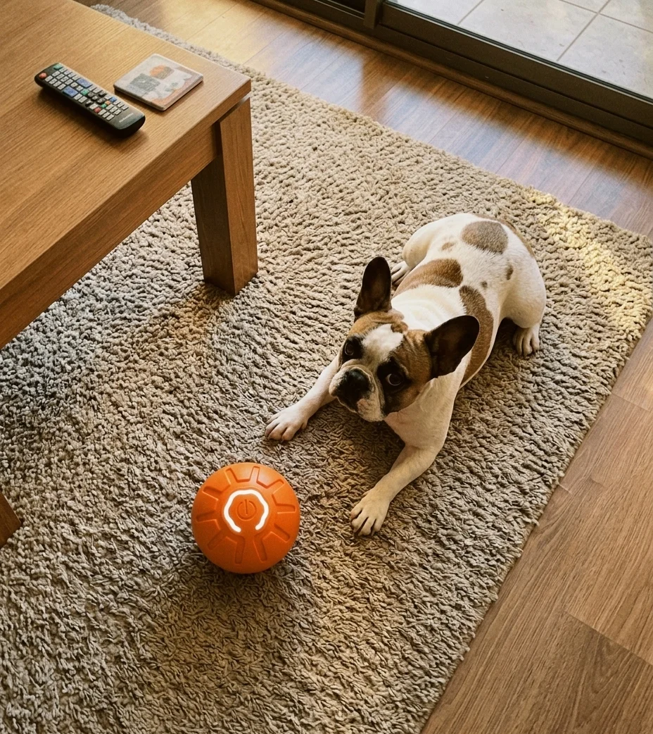 Bulldog francés observando la pelota inteligente Patukos